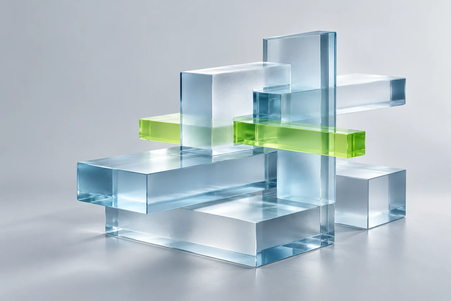 Interlocking ice-blue glass modules connected by a lime-green beam